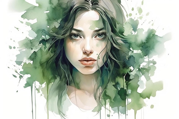 a portrait of a girl with green leaves.