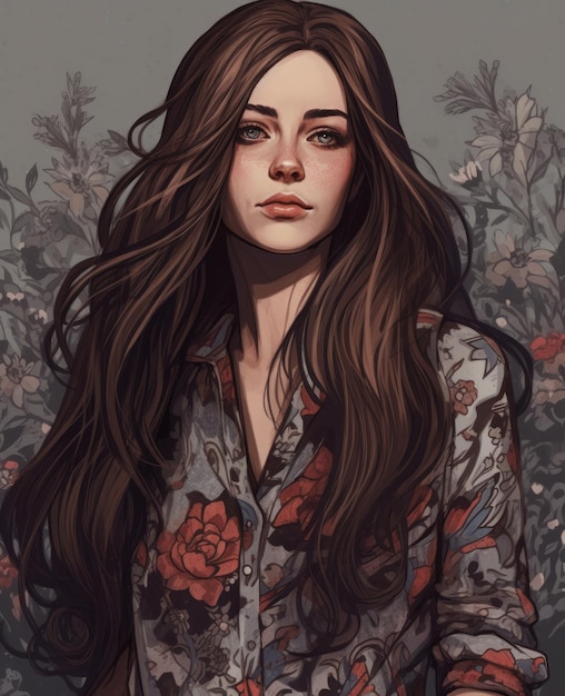 A portrait of a girl with long brown hair and a floral shirt.