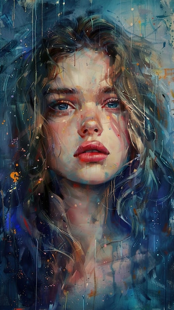 a portrait of a girl with long hair and a blue sky