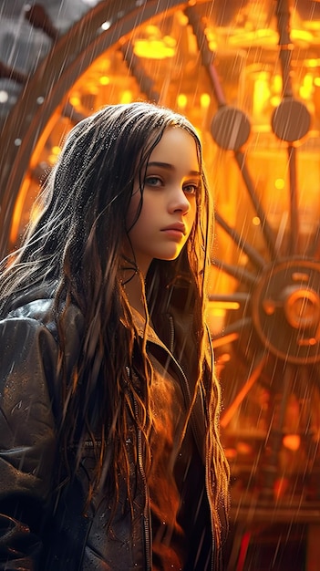 Portrait of a girl with long hair futuristic city background