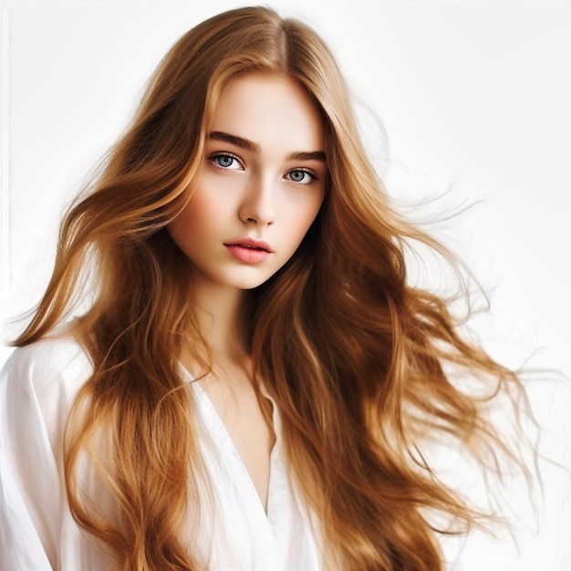 portrait of a girl with long hair on a white background Generative AI