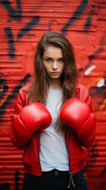 Photo portrait of a girl with red boxing gloves over graffiti background