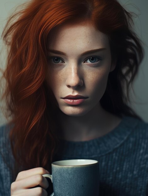 Portrait of a girl with red hair and blue eyes holding a mug of tea