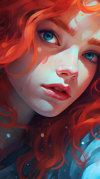 A portrait of a girl with red hair and blue eyes.