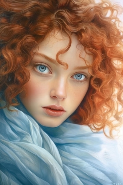 A portrait of a girl with red hair and blue eyes.