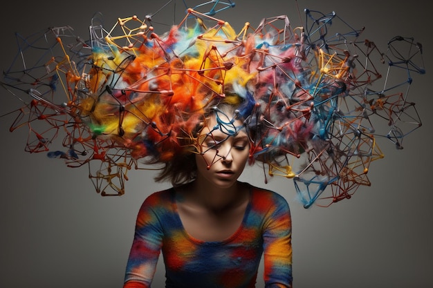 Photo portrait of a girl with a tangled ball of thoughts on a green background world mental health day