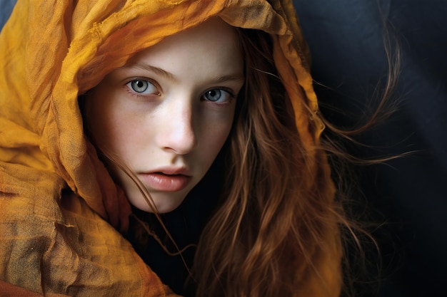 Portrait of a girl in a yellow scarf on a black background