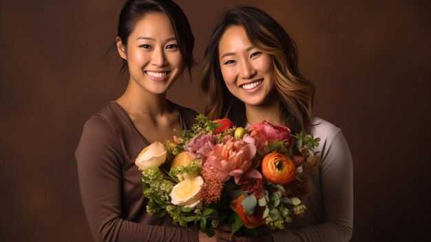 Photo portrait of girlfriends holding flowers