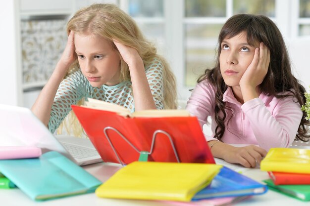 Portrait of a girls doing lessons together at home