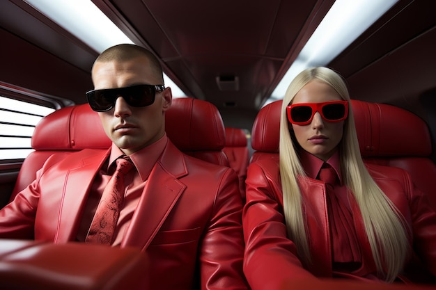 Portrait of glamorous caucasian couple in red leather suits sitting in red leather seats of luxury