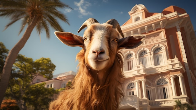 Портрет козы перед домом и пальмами