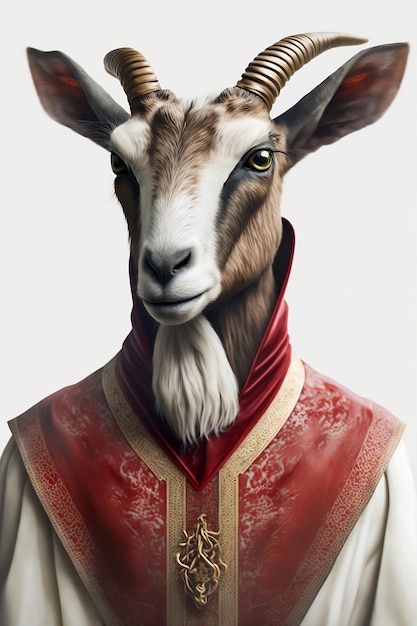 Portrait of goat in human clothes on white background