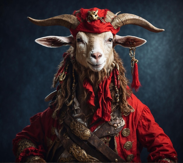 Portrait of a goat in a red costume on a dark background