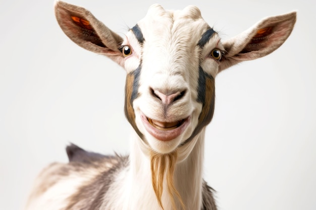 Portrait of goat smiling with all his teethon a white background generative ai