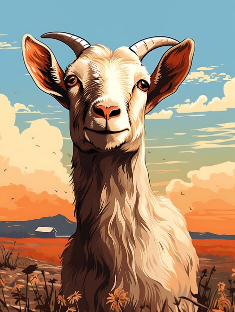 Portrait of goat wearing a hat looking inquisitively warm color vintage poster 2d flat design art