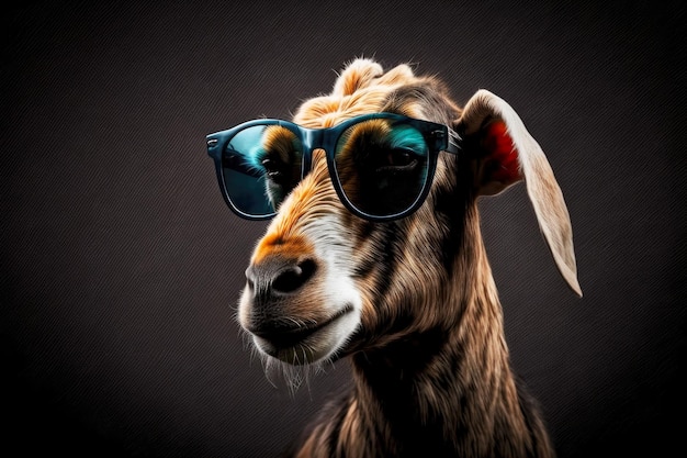 Photo portrait of goat with sunglasses on a dark background generative ai