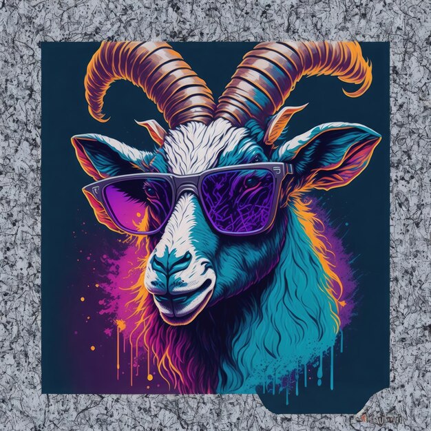 Portrait of a goat with sunglasses on a grunge background