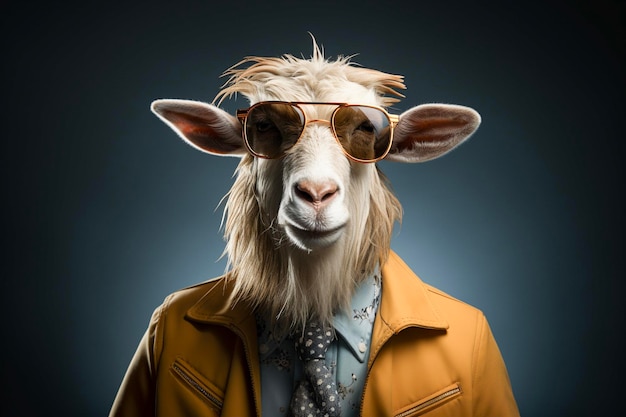 Portrait of goat with sunglasses wearing leather jacket and tie on solid background Generative AI