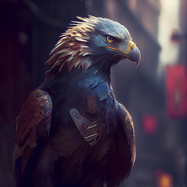 Portrait of a golden eagle on the background of the city