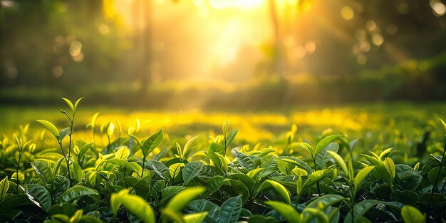 Photo portrait of golden glow on tea plantation