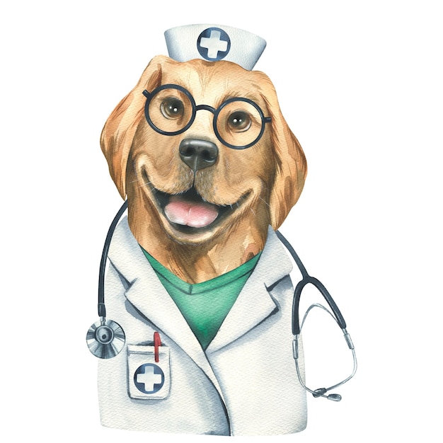 Portrait of a golden retriever dog in a doctors costume