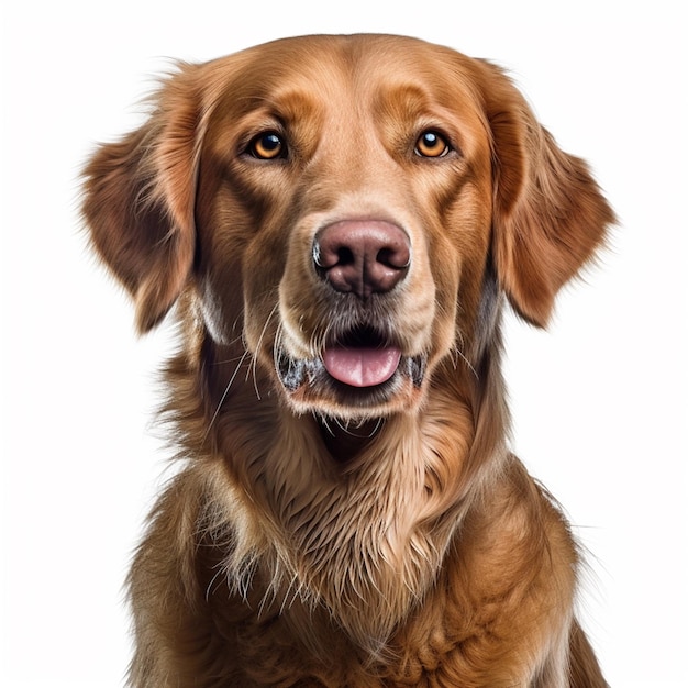 A portrait of a golden retriever dog in a studio.