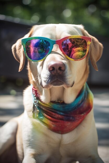 Portrait of Golden Retriever with in sunglasses outside Generative AI