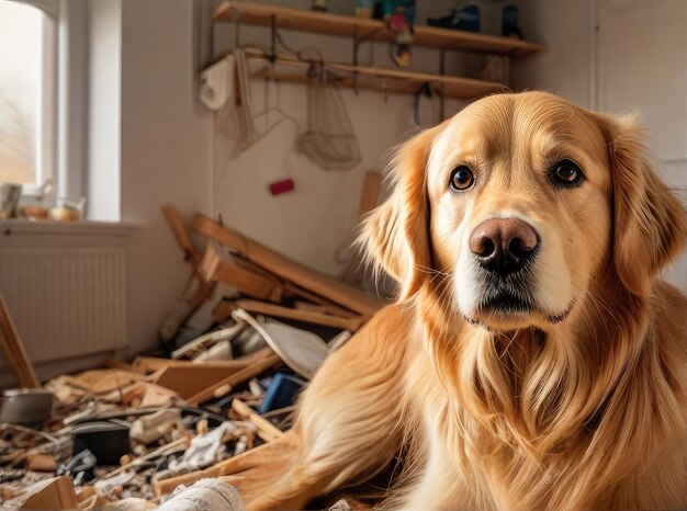 Foto ritratto di un golden retriever con una stanza rovinata e un casino sullo sfondo