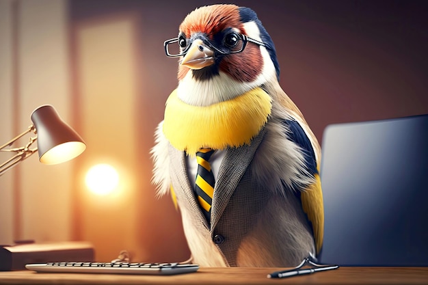 Portrait of goldfinch in business suit at the office desk generative ai