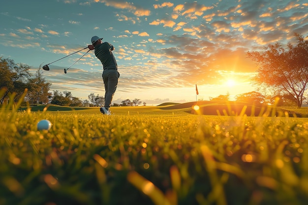 A portrait of a golf player in golf field against sunset backdrop generative ai