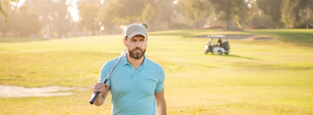 Photo portrait of golfer in cap with golf club people lifestyle serious man after game