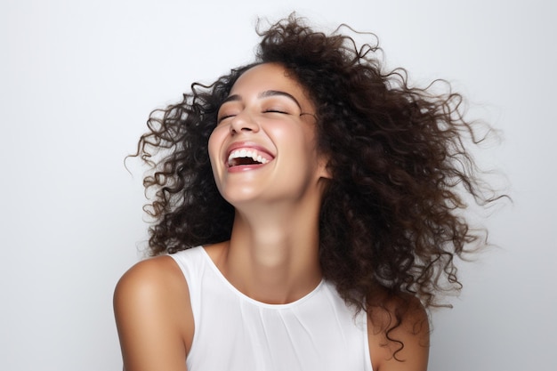 Photo portrait of a goodhumored young woman laughing standing on a light background generative ai