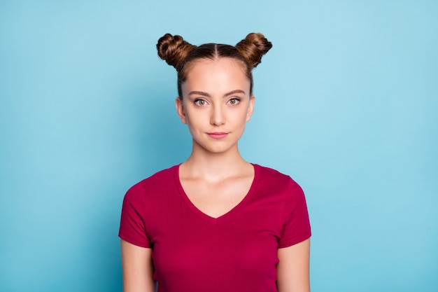 Portrait of gorgeous adorable magnificent girl look listen to her school university college friends wear burgundy outfit isolated over blue color wall 