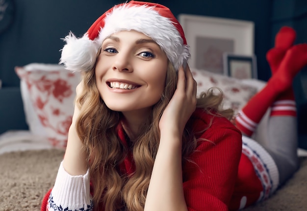 赤いセーターとサンタの帽子でゴージャスなブロンドの女性の肖像画は、ベッドで楽しんで、クリスマスの装飾が施されたインテリアでポーズをとっています。