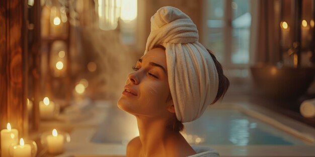 Portrait of gorgeous captivating woman in luxury spa environment staged photo with copyspace professional shoot ar 21 v 6 Job ID b4958ea0e8814023af933f84faa97485