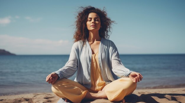 Portrait gorgeous charming relaxed european woman lady girl female sitting performing meditation