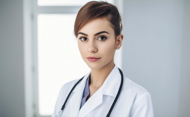 Portrait of a gorgeous veterinary technician with her hair in a sleek bun