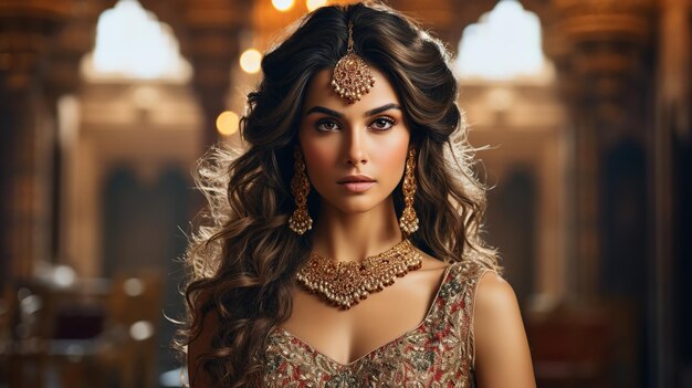 Портрет великолепной молодой индийской невесты, украшенной бесценными украшениями и роскошным платьем