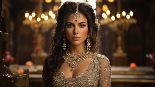 Portrait of gorgeous young Indian bride decked out with priceless jewelry and an opulent gown Generative AI