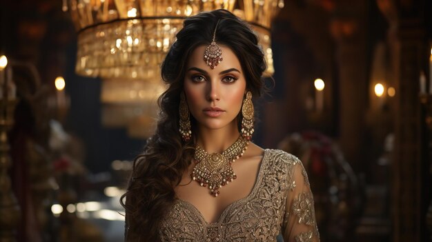 Portrait of gorgeous young Indian bride decked out with priceless jewelry and an opulent gown Generative AI