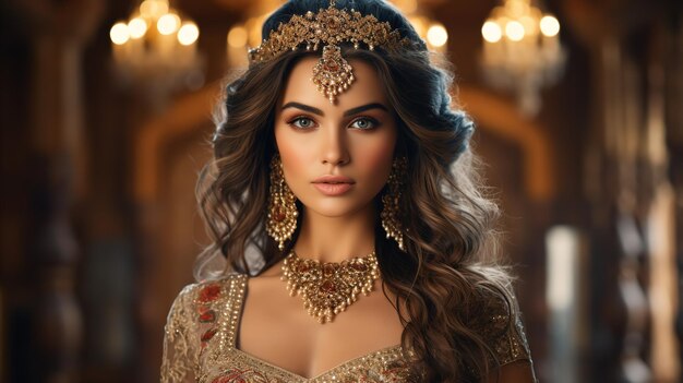 Photo portrait of gorgeous young indian bride decked out with priceless jewelry and an opulent gown generative ai
