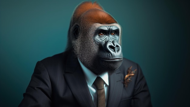 Portrait of a gorilla dressed in an elegant suit on a dark green background