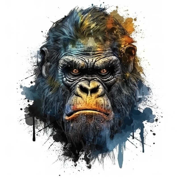 A portrait of a gorilla with a blots of paint.