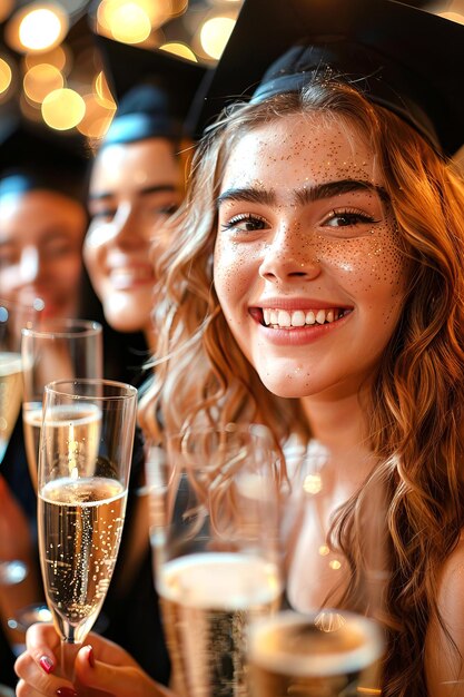 卒業生の女の子が友達とシャンパンを飲んで祝う肖像画