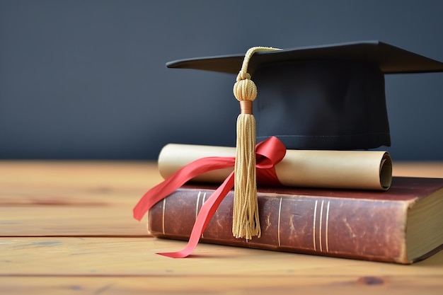 Foto ritratto di un berretto di laurea su libri su una superficie di legno con uno sfondo di natura sfocato ai generativa