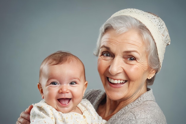 Portrait of grandmother holding newborn baby and smiling islated on gray