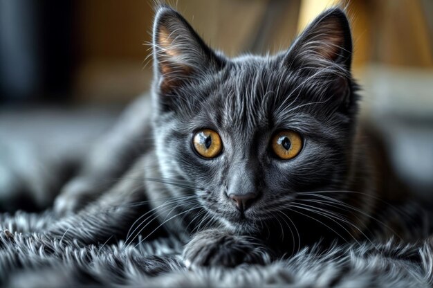 Photo portrait of a gray cat with yellow eyes closeup