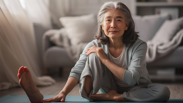 Photo portrait of gray haired cute young female in casual clothes sitting on floor doing ardha matsyendra