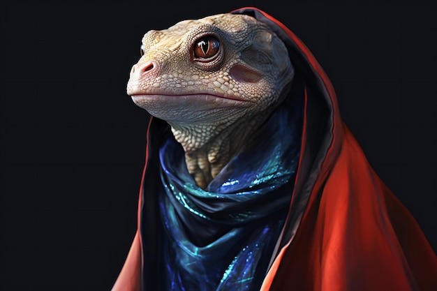 Portrait of a green iguana in a red cape on a black background