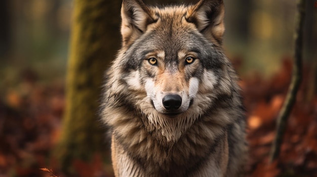 Портрет серого волка в лесу Волк в лесу на осеннем фоне AI Generative